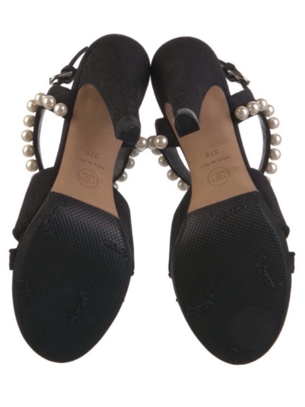 CHANEL Black Suede Faux Pearl Slingback Heeled CC 2014 Runway Sandals 37.5 - Picture 7 of 10